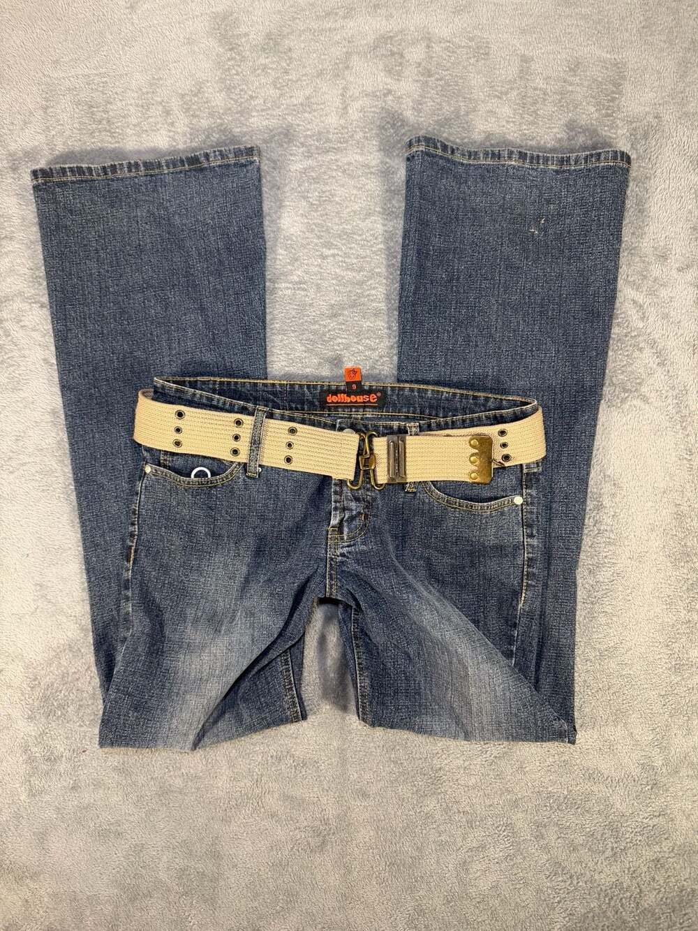 Dollhouse Low Rise Flare Jeans Size 9 Belted Blue Denim Y2K